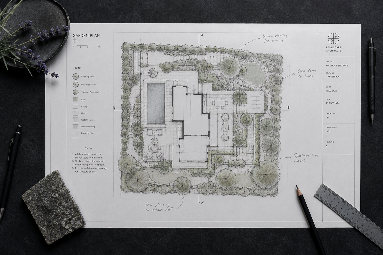 Plano tecnico de paisajismo sobre mesa oscura