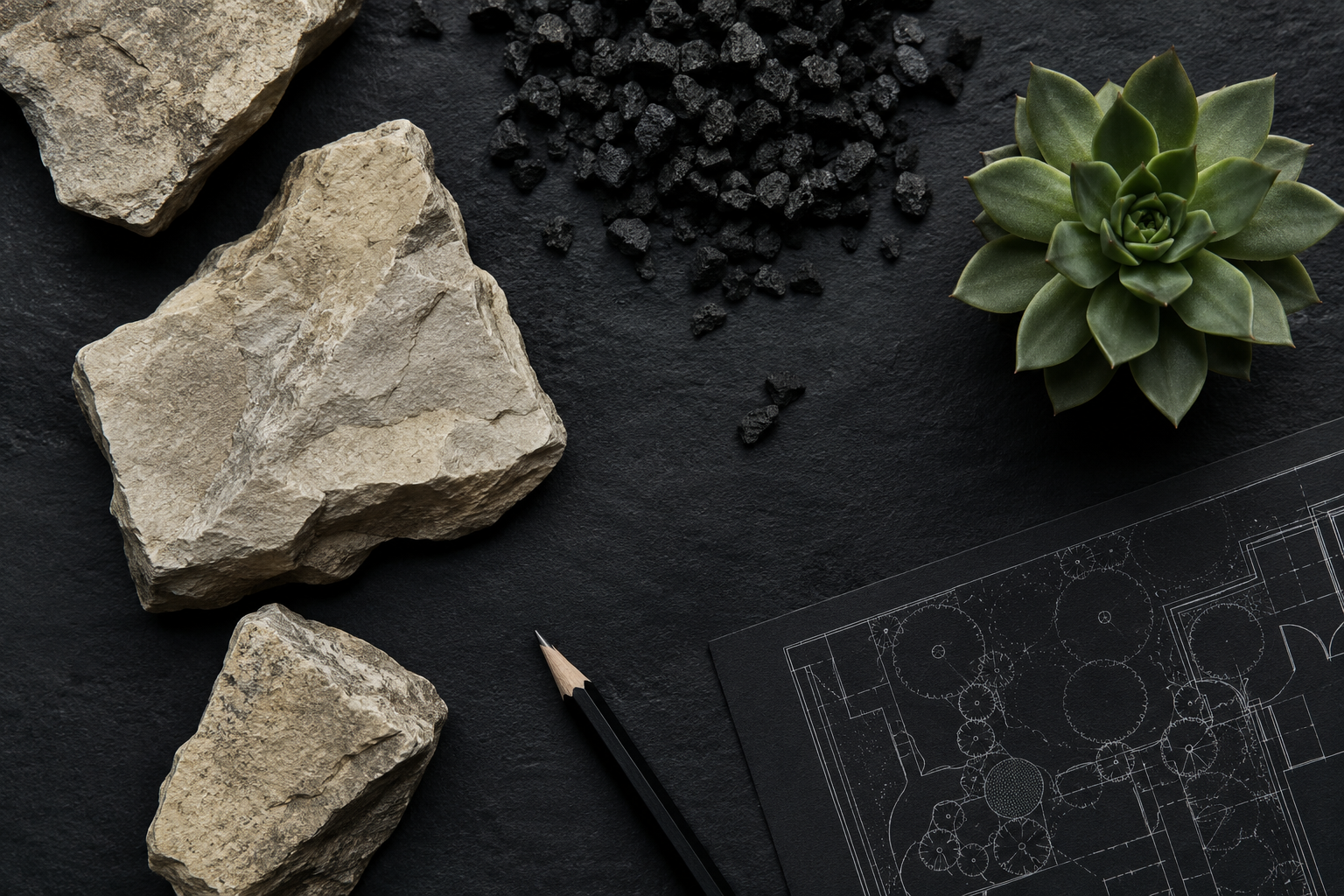 Boceto de diseno paisajistico sobre papel oscuro