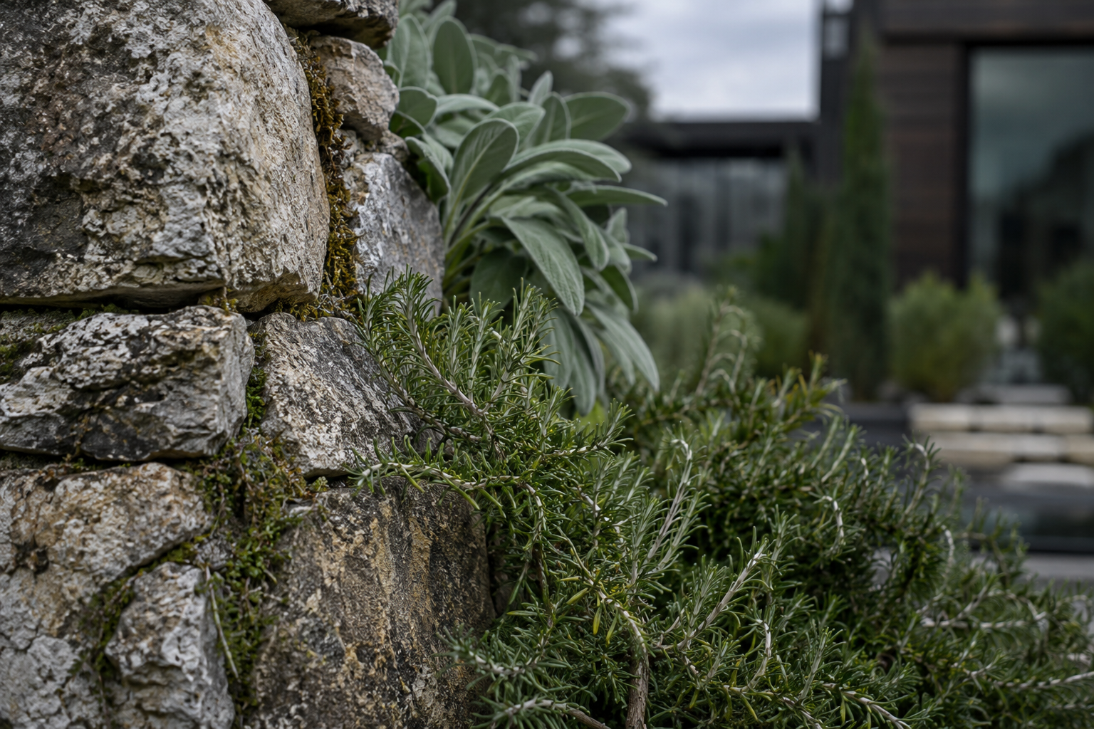 Piedra natural y vegetacion en jardin de lujo