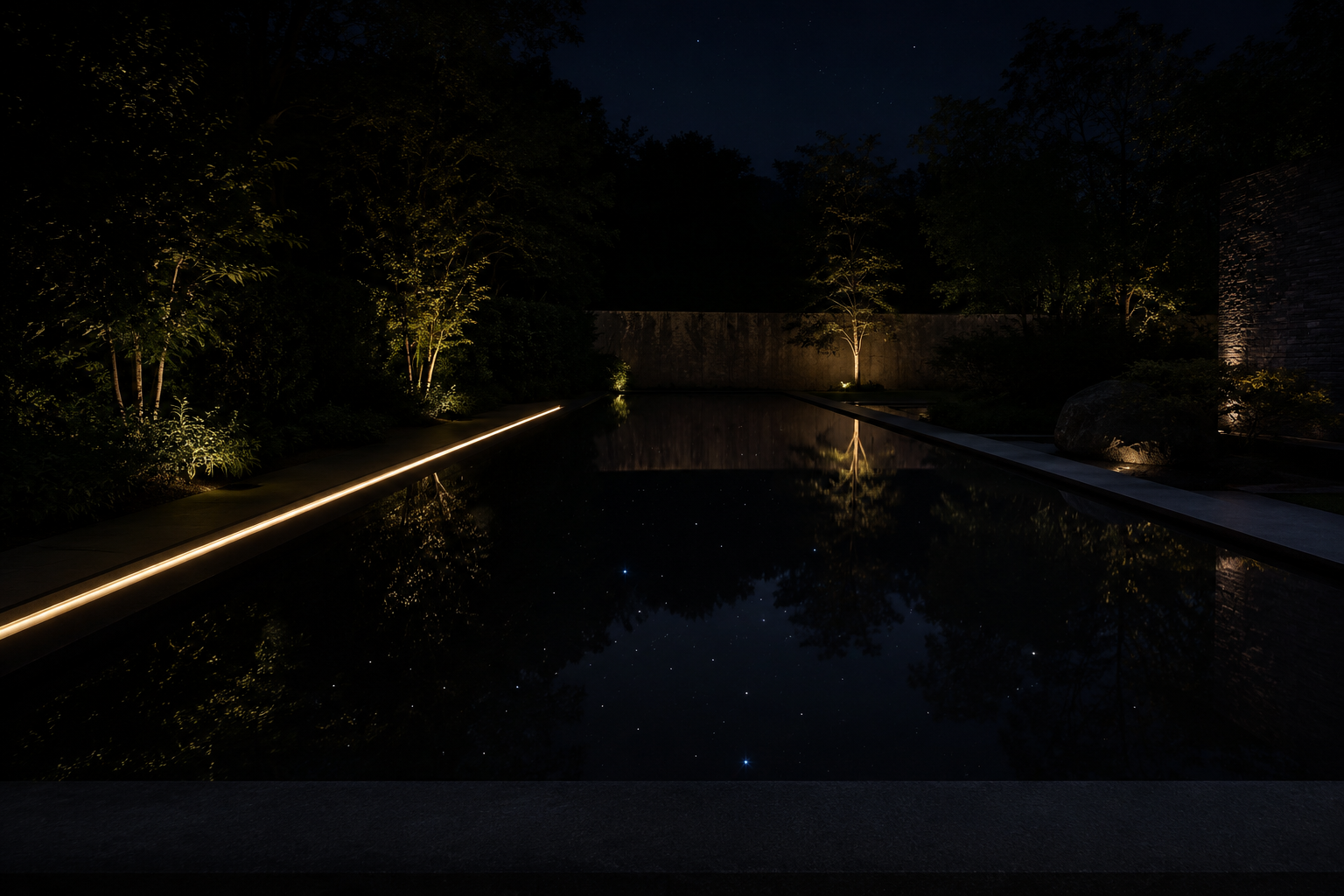 Lamina de agua en jardin minimalista nocturno